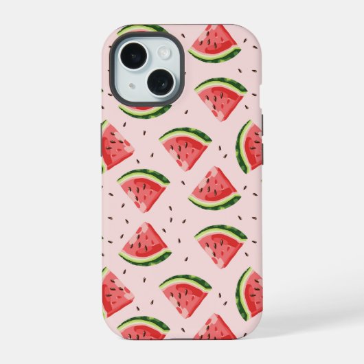 ウォーターカラー スイカ フルーツ柄 iPhone 15ケース (裏面)