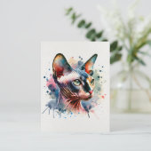 ウォーターカラー スフィンクス猫の芸術的肖像画 ポストカード (スタンド正面)