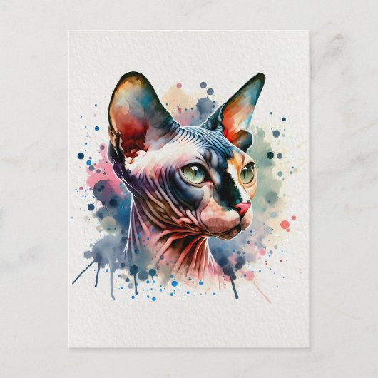 ウォーターカラー スフィンクス猫の芸術的肖像画 ポストカード (正面)