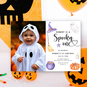 ウォーターカラー スプーキー ハロウィン 1歳の誕生日 招待状
