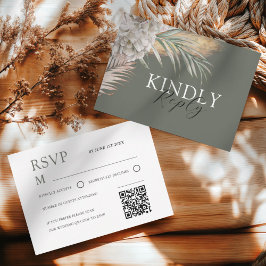 ウォーターカラー・セージグリーンのパームツリーとフラワーの結婚式RSVP 出欠カード