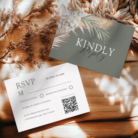 ウォーターカラー・セージグリーンのパームツリーとフラワーの結婚式RSVP 出欠カード