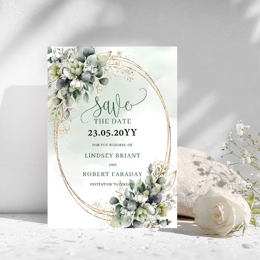 ウォーターカラー・セージグリーンの葉 Save The Date セーブザデート
