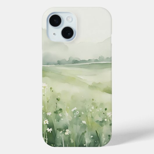 ウォーターカラー セージグリーン メドウ ランドスケープ iPhone 15 Case-Mate iPhoneケース (裏面)