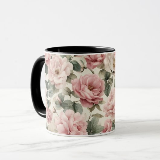 ウォーターカラー ソフトピンクのバラ ベージュの花柄 マグカップ (正面左)