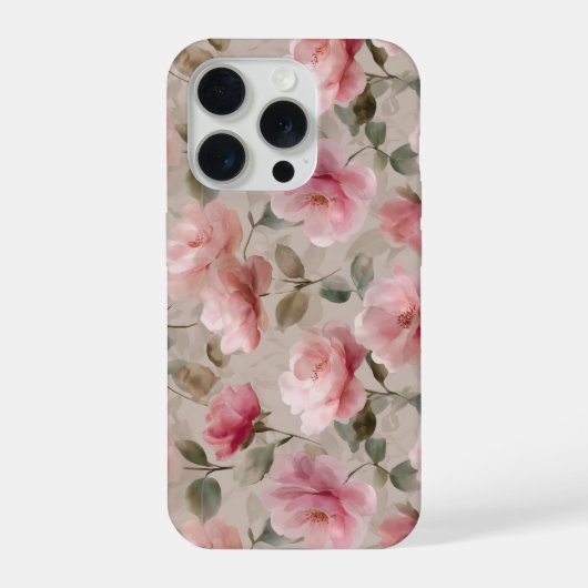 ウォーターカラー ソフトピンクのバラ ベージュの花柄 iPhoneケース (裏面)