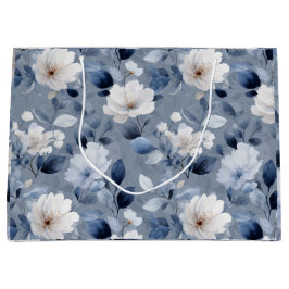 ウォーターカラー ソフトブルーの花 白いフラワーパターン ラージペーパーバッグ
