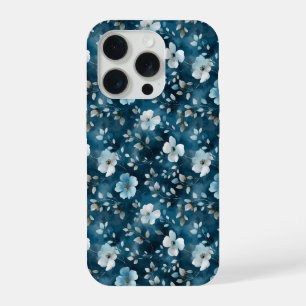 ウォーターカラー ソフトブルーの花 白いフラワーパターン iPhone 15 PROケース