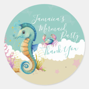 ウォーターカラー タツノオトシゴ 海のビーチ 誕生日 ありがとう ラウンドシール