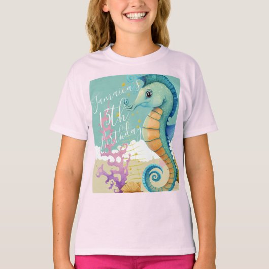 ウォーターカラー タツノオトシゴ 海 誕生日パーティー Tシャツ (正面)