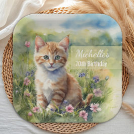 ウォーターカラー タビー猫 ペット メドウ 70歳の誕生日 ペーパープレート