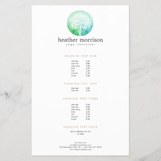 ウォーターカラー ツリー ヨガ アンド ウェルネス 料金表 チラシ (正面)