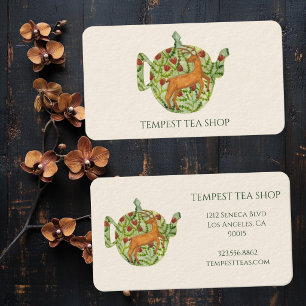 ウォーターカラー ティーポット 鹿 フラワー お茶専門店 カフェ クリーム 名刺