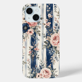 ウォーターカラー ネイビー フラワー ストライプ パターン デザイン iPhone 15ケース