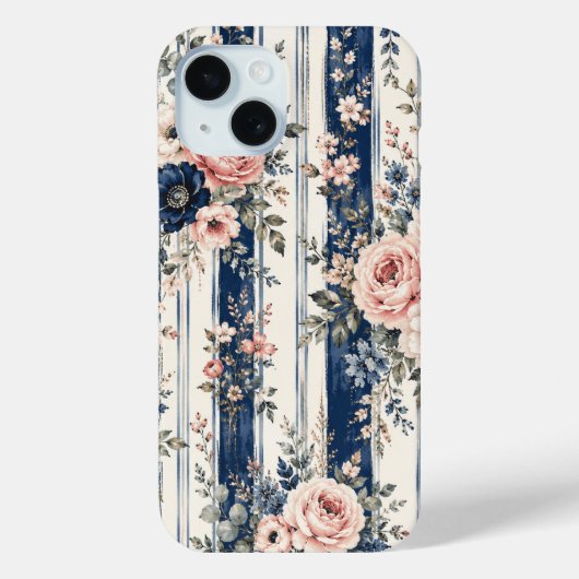 ウォーターカラー ネイビー フラワー ストライプ パターン デザイン Case-Mate iPhoneケース (裏面)
