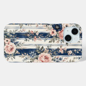 ウォーターカラー ネイビー フラワー ストライプ パターン デザイン Case-Mate iPhoneケース (裏面 (横))