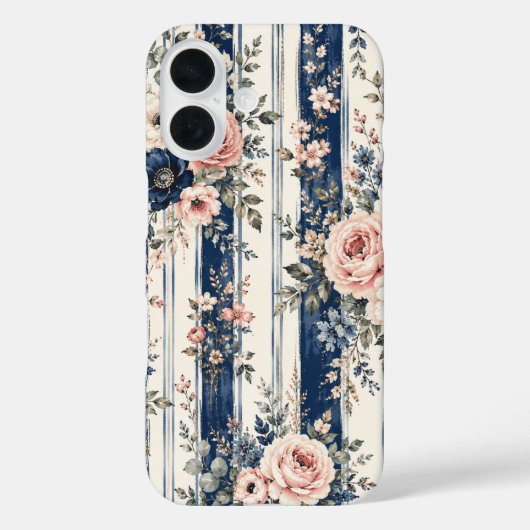 ウォーターカラー ネイビー フラワー ストライプ パターン デザイン Case-Mate iPhoneケース (裏面)