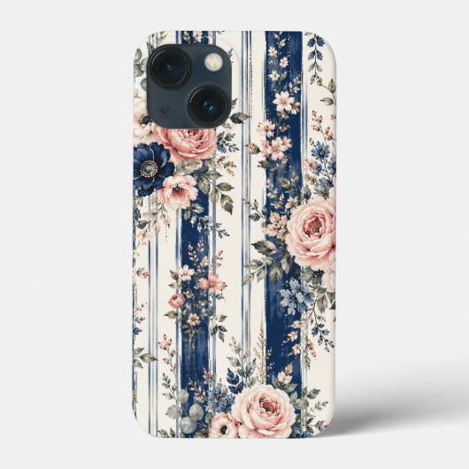 ウォーターカラー ネイビー フラワー ストライプ 柄 デザイン Case-Mate iPhoneケース (裏面)
