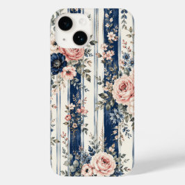 ウォーターカラー ネイビー フラワー ストライプ 柄 デザイン Case-Mate iPhone 14ケース