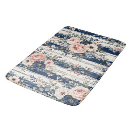 ウォーターカラー ネイビー 花 ストライプ 柄 デザイン バスマット