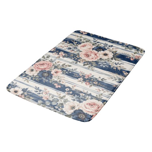 ウォーターカラー ネイビー 花 ストライプ 柄 デザイン バスマット (アングル)