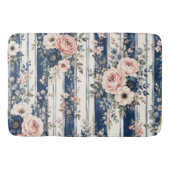 ウォーターカラー ネイビー 花 ストライプ 柄 デザイン バスマット (正面)