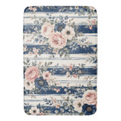 ウォーターカラー ネイビー 花 ストライプ 柄 デザイン バスマット (正面縦)