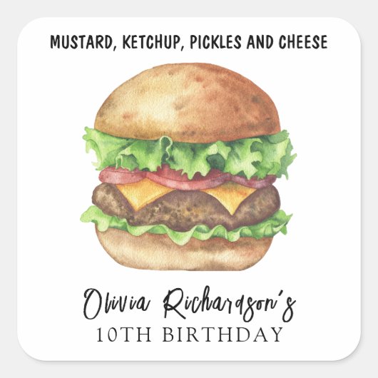 ウォーターカラー ハンバーガー パーティー 誕生日 スクエアシール (正面)