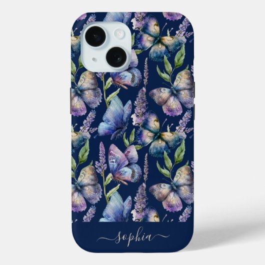 ウォーターカラー バタフライ 藤の花 カスタムネーム Case-Mate iPhoneケース (裏面)
