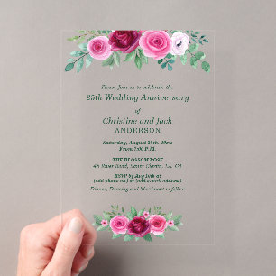 ウォーターカラー バーガンディーローズ 25周年結婚記念日 アクリル招待状