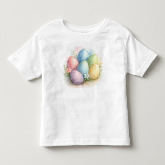ウォーターカラー・パステル調のイースターエッグと花々 トドラーTシャツ