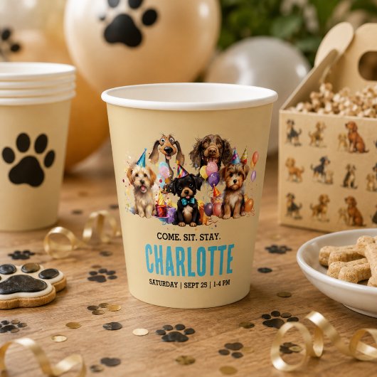 ウォーターカラー・パピー・パーティーの犬の誕生日 紙コップ
