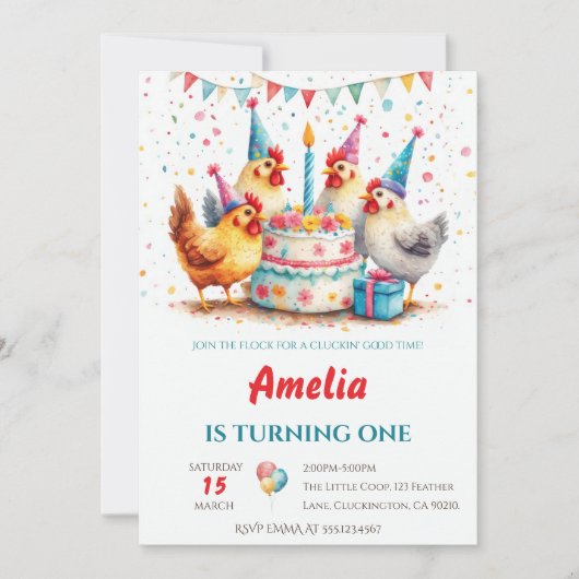 ウォーターカラー パーティー ニワトリ ファームヤード 誕生日 招待状 (正面)