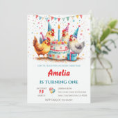 ウォーターカラー パーティー ニワトリ ファームヤード 誕生日 招待状 (スタンド正面)
