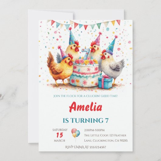 ウォーターカラー パーティー ニワトリ ファームヤード 誕生日 招待状 (正面)