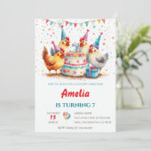 ウォーターカラー パーティー ニワトリ ファームヤード 誕生日 招待状 (スタンド正面)