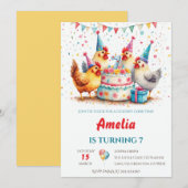 ウォーターカラー パーティー ニワトリ ファームヤード 誕生日 招待状 (正面/裏面)