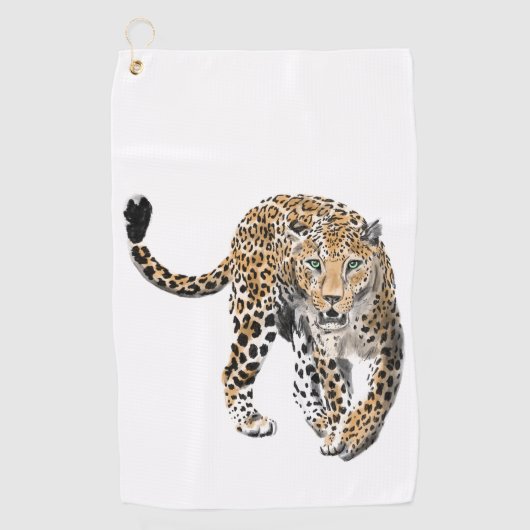 ウォーターカラー ヒョウ ジャングル 猫 ペイント 動物 緑 ゴルフタオル (正面)