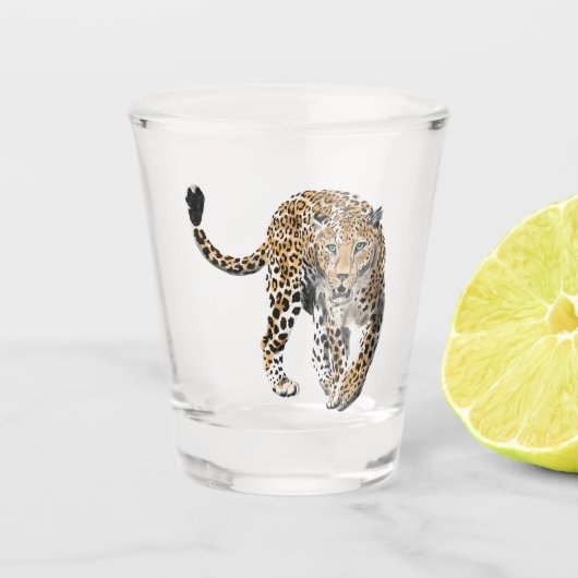 ウォーターカラー ヒョウ ジャングル 猫 ペイント 動物 緑 ショットグラス (正面)