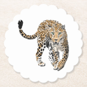 ウォーターカラー ヒョウ ジャングル 猫 ペイント 動物 緑 ペーパーコースター