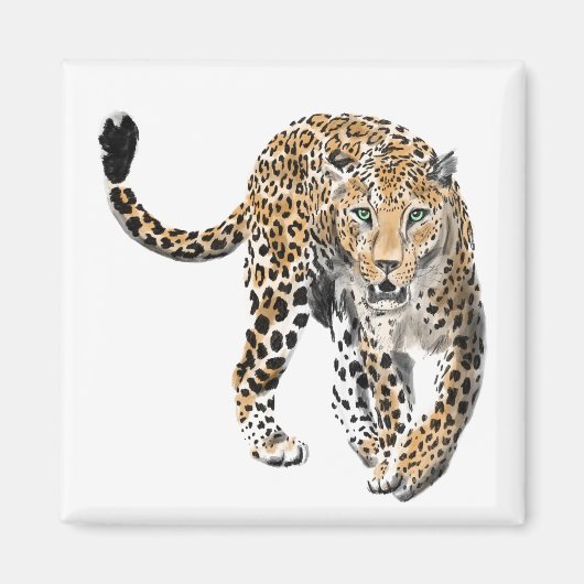 ウォーターカラー ヒョウ ジャングル 猫 ペイント 動物 緑 マグネット (正面)