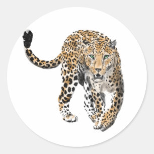 ウォーターカラー ヒョウ ジャングル 猫 ペイント 動物 緑 ラウンドシール