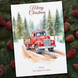 ウォーターカラー ビンテージ 赤いトラック クリスマスカード