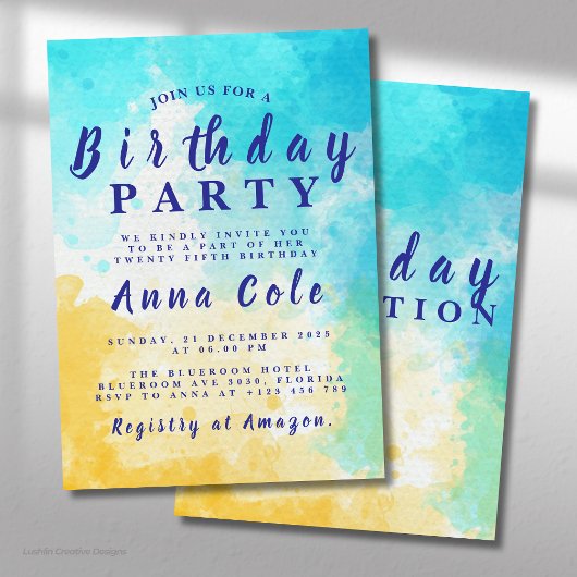 ウォーターカラー ビーチとオーシャン 誕生日デザイン 招待状