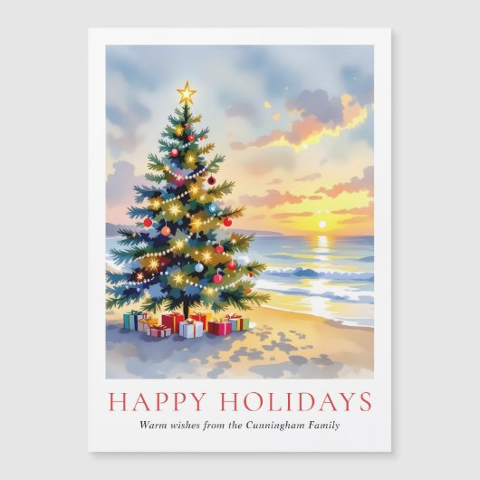 ウォーターカラー ビーチ 海岸 クリスマス マグネットカード (正面)