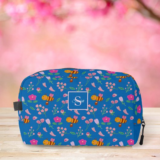 ウォーターカラー ビー & ピンクの野の花 モノグラム ブルー ドップキット