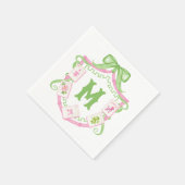 ウォーターカラー ピンクとグリーンのリボン麻雀モノグラム紋章 スタンダードカクテルナプキン (角)