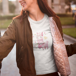 ウォーターカラー ピンクのラマ Tシャツ