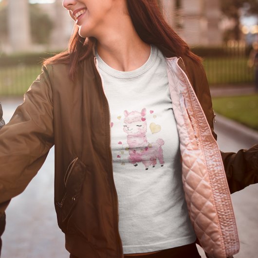 ウォーターカラー ピンクのラマ Tシャツ