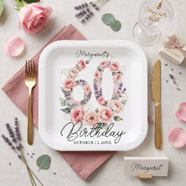 ウォーターカラー・ピンクの花柄 60歳の誕生日パーティー ペーパープレート